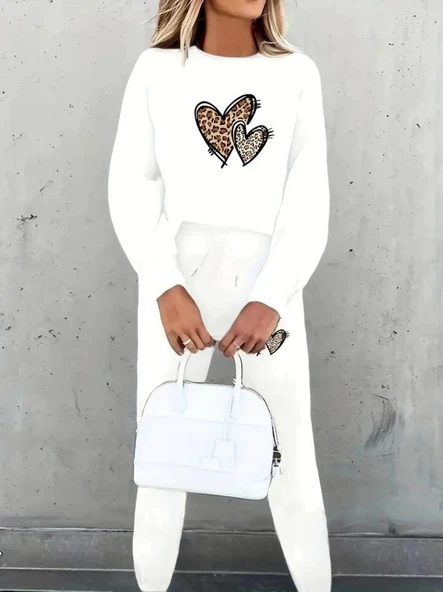 MDB Kadın Uzun Kollu Bisiklet Yaka Kalp Desenli şardonlu üç Iplik Bluz Ve Pantolon Ikili Takım - Resim 2