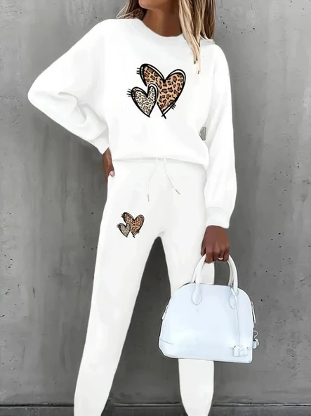 MDB Kadın Uzun Kollu Bisiklet Yaka Kalp Desenli şardonlu üç Iplik Bluz Ve Pantolon Ikili Takım - Resim 3