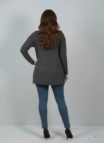 Kadın Büyük Beden Uzun Kollu Yırtmaçlı Basic Bluz 1984 - 12