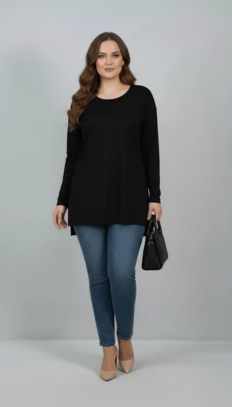 Kadın Büyük Beden Uzun Kollu Yırtmaçlı Basic Bluz 1984 - 2