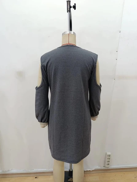 MDB Kadın Uzun Kollu Omuzdan Açık V Dantel Yakalı Mini Waffle Elbise - Resim 7