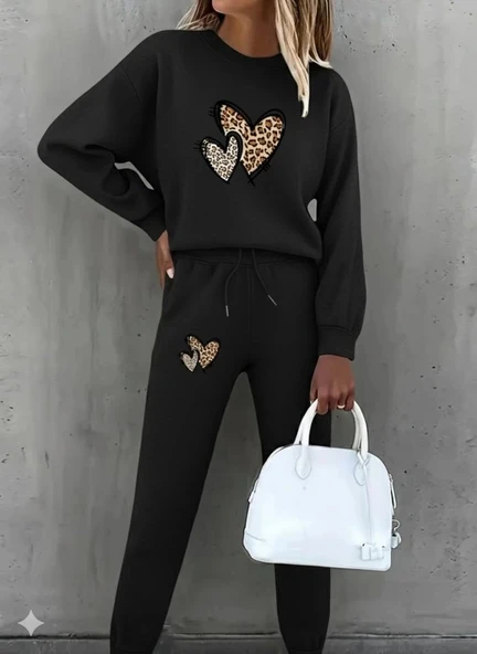 MDB Kadın Uzun Kollu Bisiklet Yaka Kalp Desenli şardonlu üç Iplik Bluz Ve Pantolon Ikili Takım - Resim 3