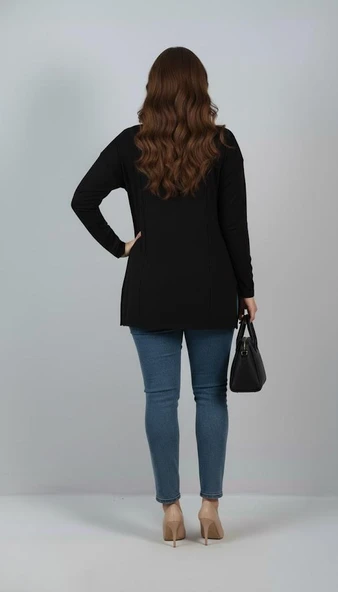 Kadın Büyük Beden Uzun Kollu Yırtmaçlı Basic Bluz 1984 - 4