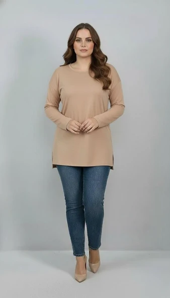 Kadın Büyük Beden Uzun Kollu Yırtmaçlı Basic Bluz 1984 - 6