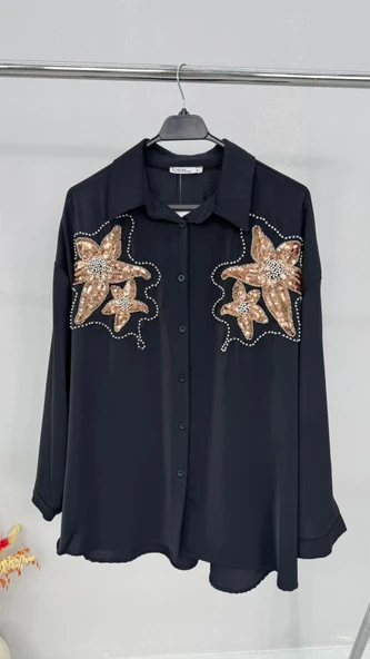 Kadın Büyük Beden Pul Payet İşlemeli Uzun Kollu Gömlek 1985-26 - 4