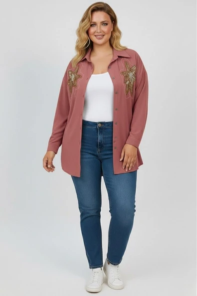 Kadın Büyük Beden Pul Payet İşlemeli Uzun Kollu Gömlek 1985-26 - 5