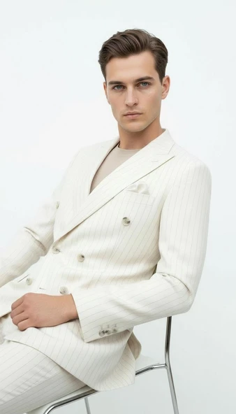 Plus Scorpion Krem Çizgili Erkek Kruvaze Blazer Ceket – İtalyan Kesim, Modern ve Zarif Şıklık ürün görseli