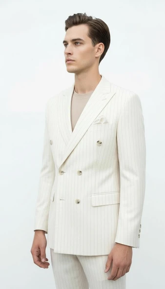 Plus Scorpion Krem Çizgili Erkek Kruvaze Blazer Ceket – İtalyan Kesim, Modern ve Zarif Şıklık - Resim 2