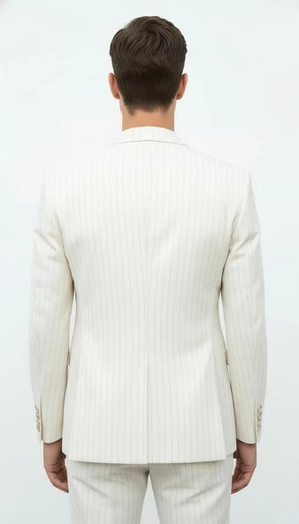 Plus Scorpion Krem Çizgili Erkek Kruvaze Blazer Ceket – İtalyan Kesim, Modern ve Zarif Şıklık - Resim 4