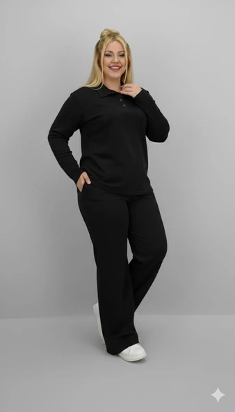 Kadın Büyük Beden Uzun Kollu Polo Yaka Eşofman Takımı 8212-26 - 3