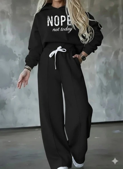 MDB Kadın Uzun Kollu Nope Baskılı Beli Ribanalı Ikili Takım - Resim 2