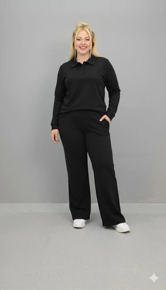 Kadın Büyük Beden Uzun Kollu Polo Yaka Eşofman Takımı 8212-26 - 2
