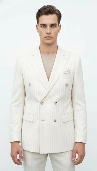 Plus Scorpion Krem Çizgili Erkek Kruvaze Blazer Ceket – İtalyan Kesim, Modern ve Zarif Şıklık - Resim 3