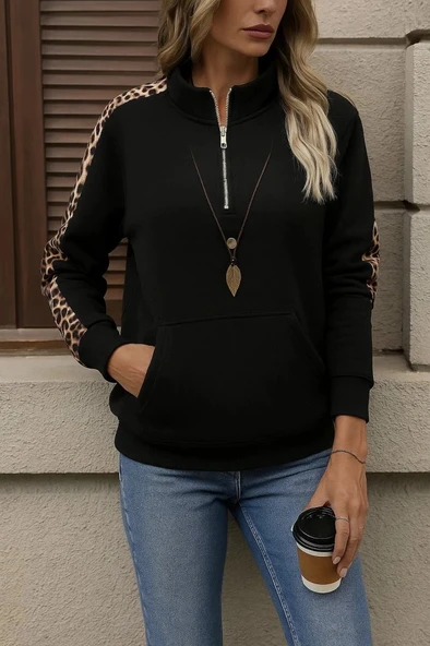 MDB Kadın Uzun Kollu Balıkçı Yaka önden Fermuarlı Polar Bluz - Resim 3