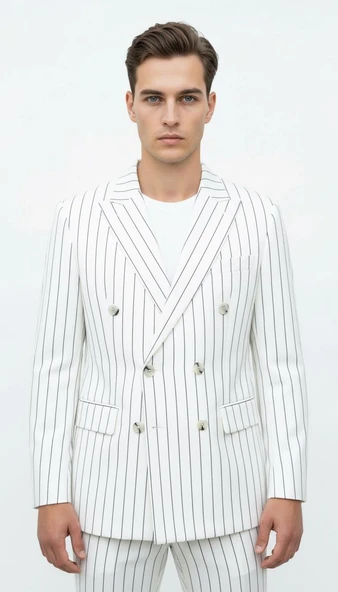 Plus Scorpion Beyaz Çizgili Erkek Kruvaze Blazer Ceket – İtalyan Kesim, Modern ve Zarif Şıklık - Resim 5