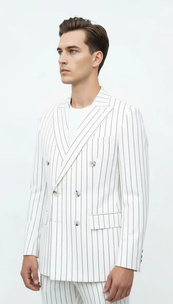 Plus Scorpion Beyaz Çizgili Erkek Kruvaze Blazer Ceket – İtalyan Kesim, Modern ve Zarif Şıklık - Resim 3