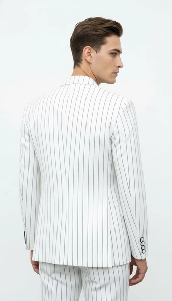 Plus Scorpion Beyaz Çizgili Erkek Kruvaze Blazer Ceket – İtalyan Kesim, Modern ve Zarif Şıklık - Resim 6