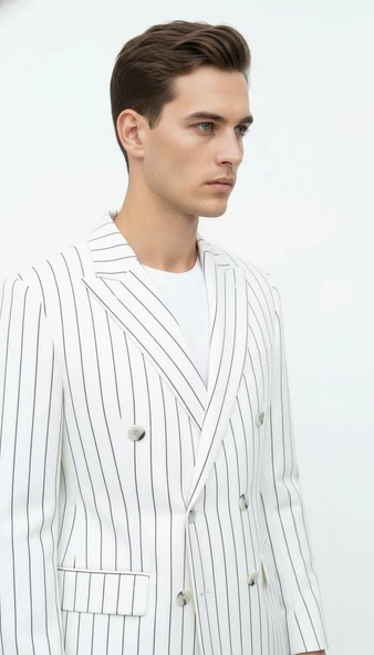 Plus Scorpion Beyaz Çizgili Erkek Kruvaze Blazer Ceket – İtalyan Kesim, Modern ve Zarif Şıklık - Resim 4