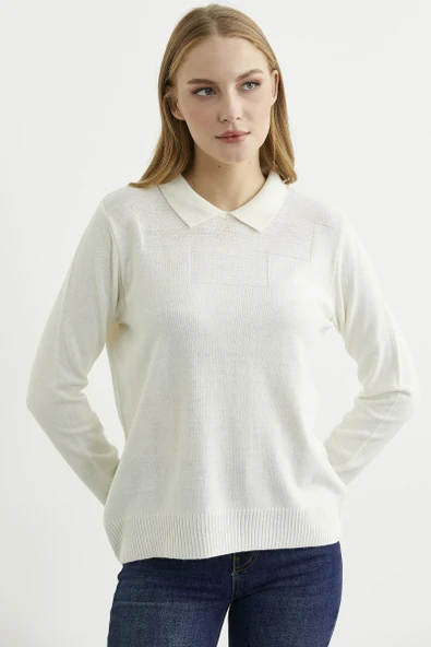 Bebe Yaka Yünlü Triko Kazak - Kemik - Resim 3