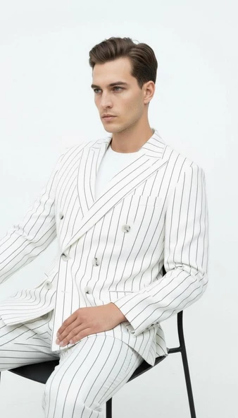 Plus Scorpion Beyaz Çizgili Erkek Kruvaze Blazer Ceket – İtalyan Kesim, Modern ve Zarif Şıklık - Resim 2