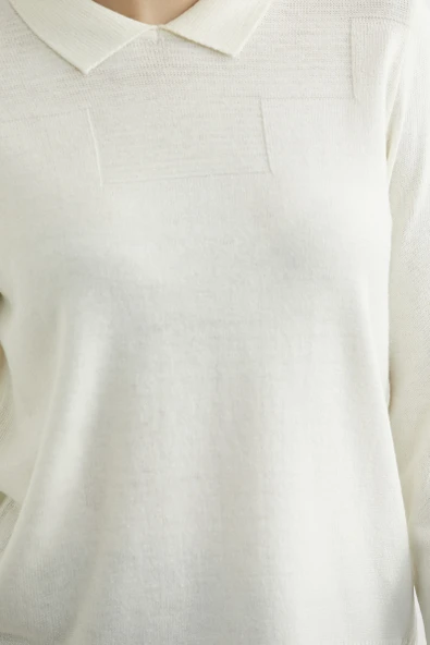 Bebe Yaka Yünlü Triko Kazak - Kemik - Resim 4