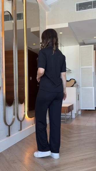 Kadın Kısa Kollu Yakalı Viskon Iki Iplik Bluz Ve Pantolon Ikili Takım - Resim 3