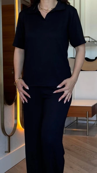 Kadın Kısa Kollu Yakalı Viskon Iki Iplik Bluz Ve Pantolon Ikili Takım - Resim 5
