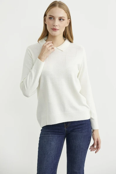 Bebe Yaka Yünlü Triko Kazak - Kemik - Resim 2