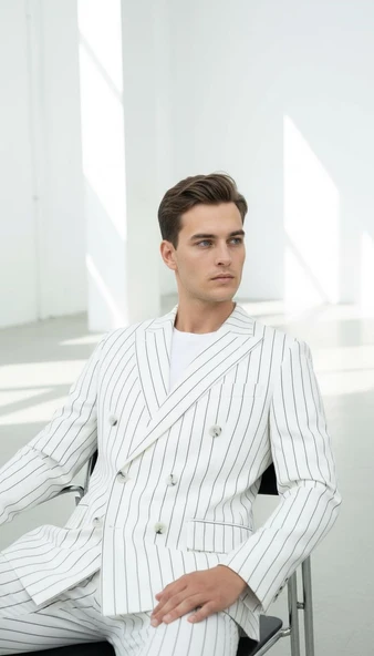 Plus Scorpion Beyaz Çizgili Erkek Kruvaze Blazer Ceket – İtalyan Kesim, Modern ve Zarif Şıklık ürün görseli