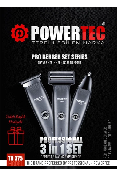 POWERTEC TR-375 (3in1) Günlük Erkek Tıraş Bakım Seti (3 Başlıklı ve Ek Başlık Hediyeli) ürün görseli 1
