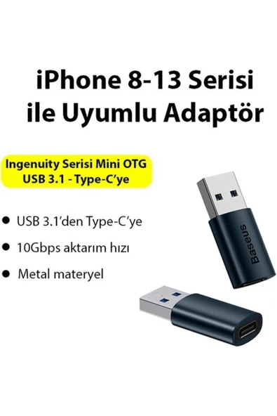 Baseus Usb 3.1 To Type-c Dönüştürücü Adaptör Mini Otg Ingenuity Series Mavi - Resim 2