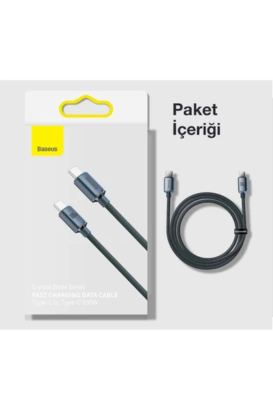 Baseus Crystal Shine 100W Type-C to Type-C 2m – MacBook, iPhone 15/16, Android, Telefon, Tablet ve - Resim 4