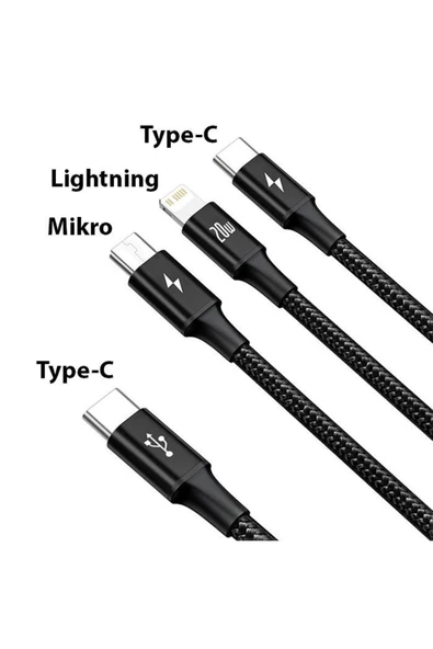 Baseus 1.5 Metre 20w 3in1 Type C, Iphone Lightning Ve Micro Ultra Hızlı Şarj Ve Data Kablosu - Resim 2