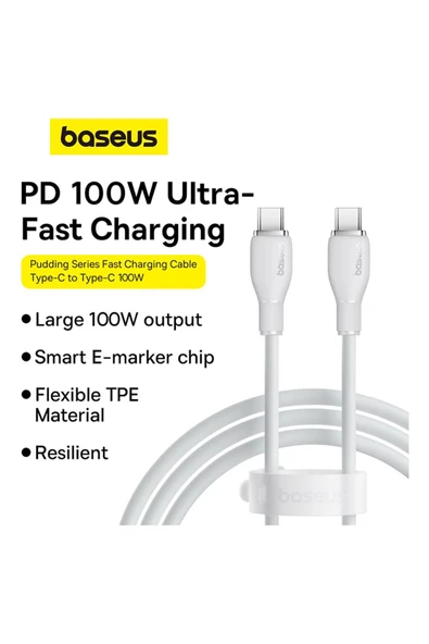 Baseus Pudding Hızlı Şarj Özellikli Type-C to Type-C 100W Kablo 1.2m. Beyaz - Resim 8