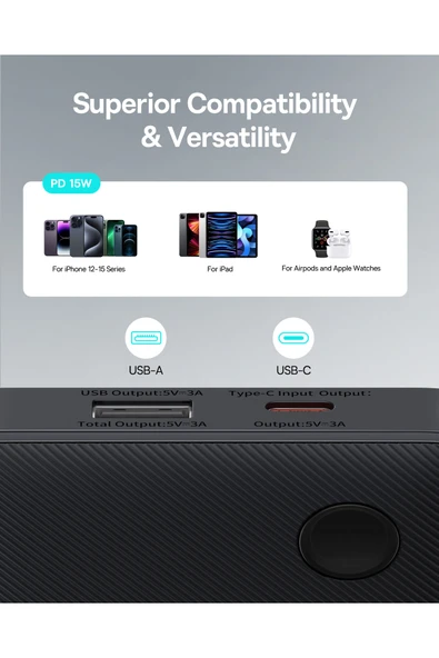 Baseus Airpow Lite Power 15 W 10.000 mAh Hızlı Şarj Powerbank – USB & Type-C, Siyah - Resim 5