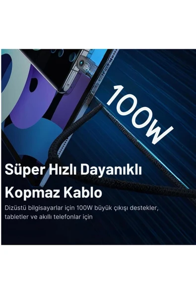 Baseus Led Işıklı E-marker Çipli Unbreakable Kopmaz Kablo 2mt Ultra Hızlı 100w Type-c Şarj Kablosu - Resim 4