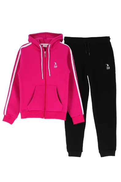 Kız Çocuk 3 İplik-Fermuarlı-Kapüşonlu-Kanguru Cepli Eşofman Takımı 12-16 Yaş 12376 - Resim 3