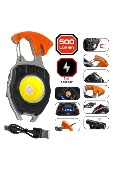 powerdex Çok Fonksiyonlu Tornavida Düdük Şişe Açacağı Ateş Yakıcı Mıknatıslı Type-C Şarjlı Anahtarlık Fener P ürün görseli 1