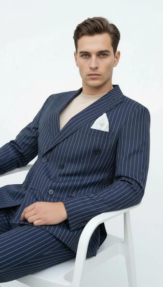 Plus Scorpion Lacivert Çizgili Erkek Kruvaze Blazer Ceket – İtalyan Kesim, Modern ve Klasik Şıklık ürün görseli