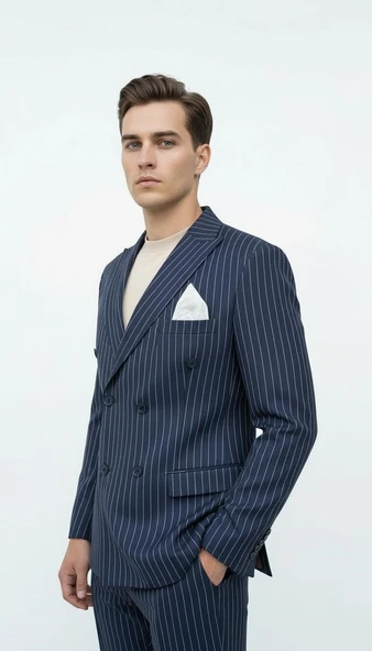 Plus Scorpion Lacivert Çizgili Erkek Kruvaze Blazer Ceket – İtalyan Kesim, Modern ve Klasik Şıklık - Resim 3