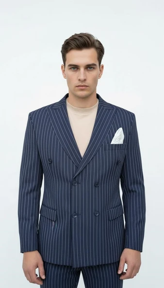 Plus Scorpion Lacivert Çizgili Erkek Kruvaze Blazer Ceket – İtalyan Kesim, Modern ve Klasik Şıklık - Resim 4