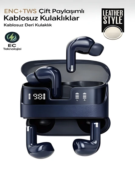 2x Bluetooth Kulaklık BT5.4 IPX4 Su Geçirmez ENC+TWS Dijital Göstergeli 4 Mikrofonlu Deri Tasarım ürün görseli 1
