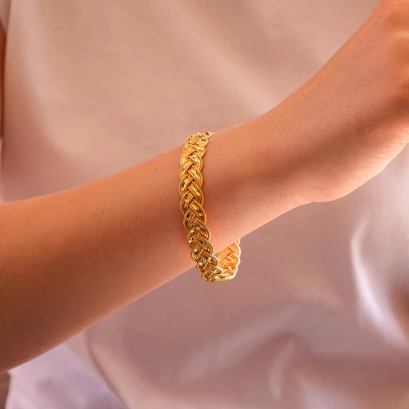 Altın Kaplama Lazerli Örgü Model İmitasyon Bilezik BLZ-3101 - Resim 2