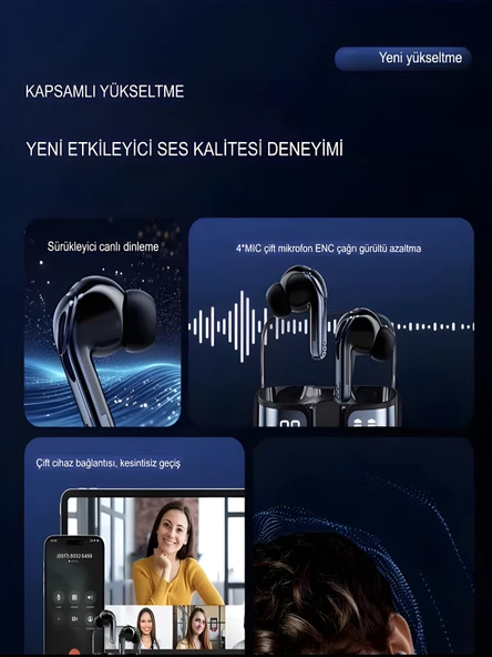 2x Bluetooth Kulaklık BT5.4 IPX4 Su Geçirmez ENC+TWS Dijital Göstergeli 4 Mikrofonlu Deri Tasarım - Resim 4