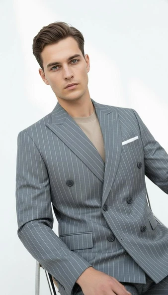 Plus Scorpion Gri Çizgili Erkek Kruvaze Blazer Ceket – İtalyan Kesim, Şık ve Modern Tarz ürün görseli
