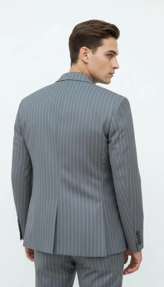 Plus Scorpion Gri Çizgili Erkek Kruvaze Blazer Ceket – İtalyan Kesim, Şık ve Modern Tarz - Resim 5