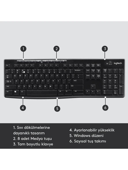 Logitech K270 Tam Boyutlu Kablosuz Türkçe Klavye - Siyah - 6