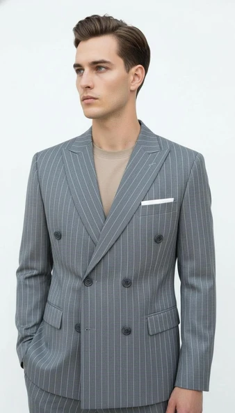 Plus Scorpion Gri Çizgili Erkek Kruvaze Blazer Ceket – İtalyan Kesim, Şık ve Modern Tarz - Resim 3