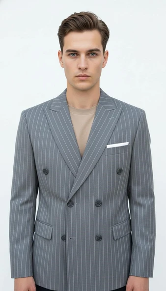 Plus Scorpion Gri Çizgili Erkek Kruvaze Blazer Ceket – İtalyan Kesim, Şık ve Modern Tarz - Resim 4
