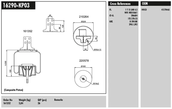 Volvo Truck Komple Plastık Piston - İveco / Stralıs 400 / Eurotech 440e Fp / P4x2 Arka Sol - Connect MD 16290-Kp03 ürün görseli